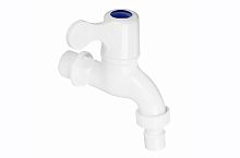 Кран водоразборный, 1/2" (15 мм), ручка-флаг, со штуцером, белый пластик