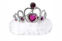 Тиара с розовыми камнями (корона) 8868W, серебряный пластик, белый пух, размер 9х12 см