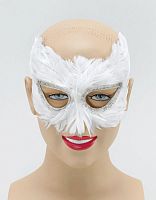 Маска перьевая белая (ем042), полумаска, перья, картон, размеры 25*13 см 