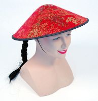 Шляпа китайская красная с косичкой ВН441, фетр красный,черный, золотой, размер 56