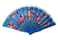 Веер складной кружевной "Цветы" с цветным основанием ГОЛУБОЙ, нейлон, пластмасса, размер 24 см