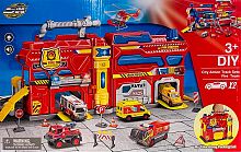 Парковка "Пожарная команда" FIRE STATION Служба спасения + 2 машинки, дорожные знаки в чемодане